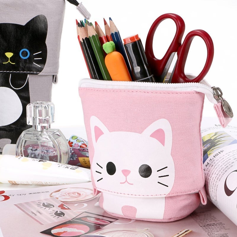 Ytuomzi Telescopic Pencil Pouch Standing Pen Holder Cute Pencil Bags Stand Up Pen Case Cartoon Pencil/Pens Storage Box Canvas+PU Stationery Organizer Makeup Bag with Zipper Closure (Pink) - Image 4